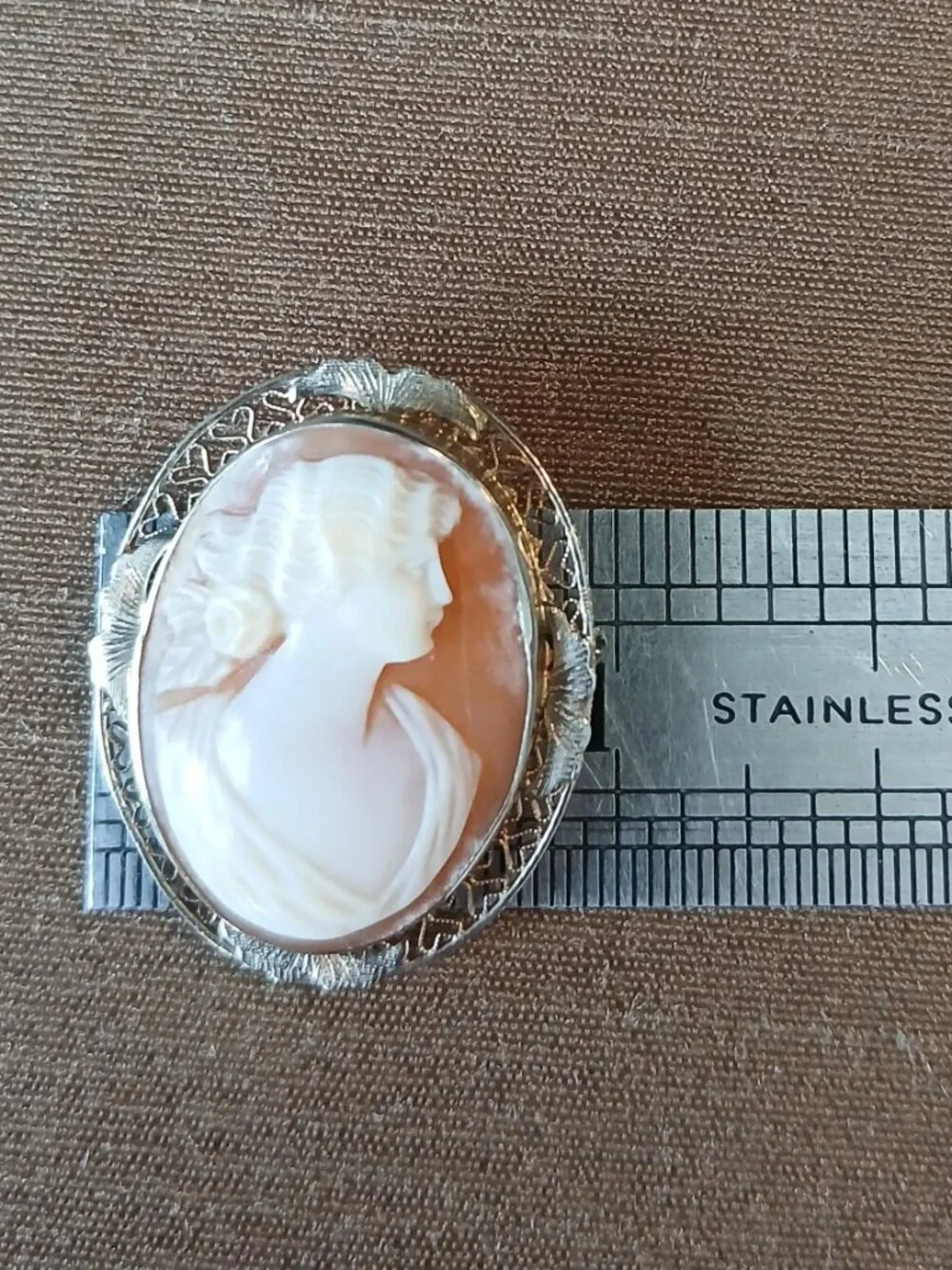 Art Deco 10K White Gold Cameo Brooch: Vintage Conch Shell Filigree Pin